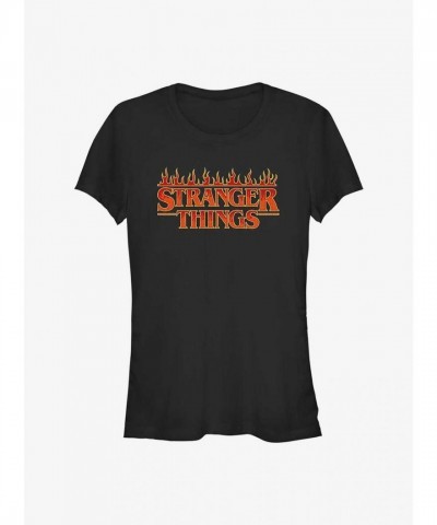 Stranger Things Fire Logo Junior Girls T-Shirt - Black