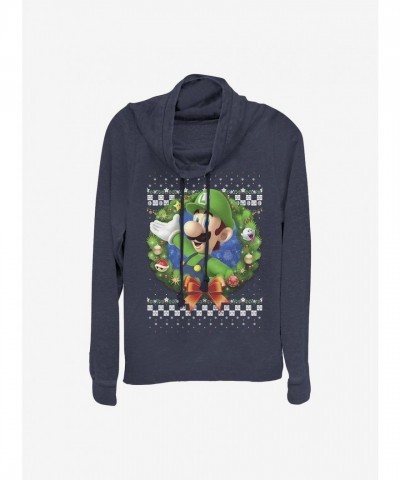 Super Mario Luigi Holiday Cowl Top for Girls - Blue Lightweight Sweatshirt